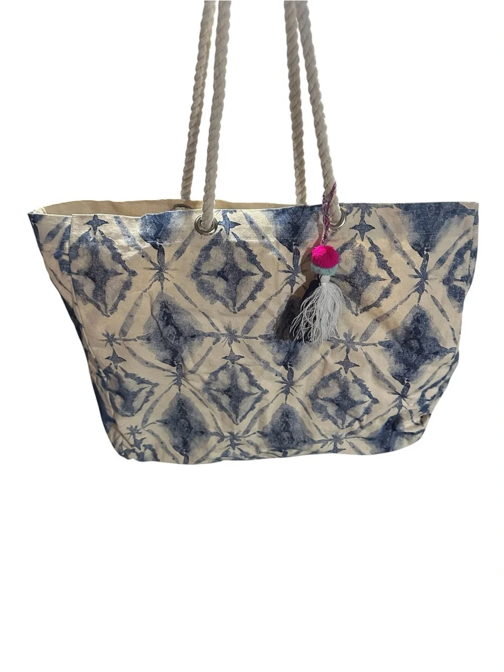 Canvas Tote Bag with Blue Ikat Print and Tassel